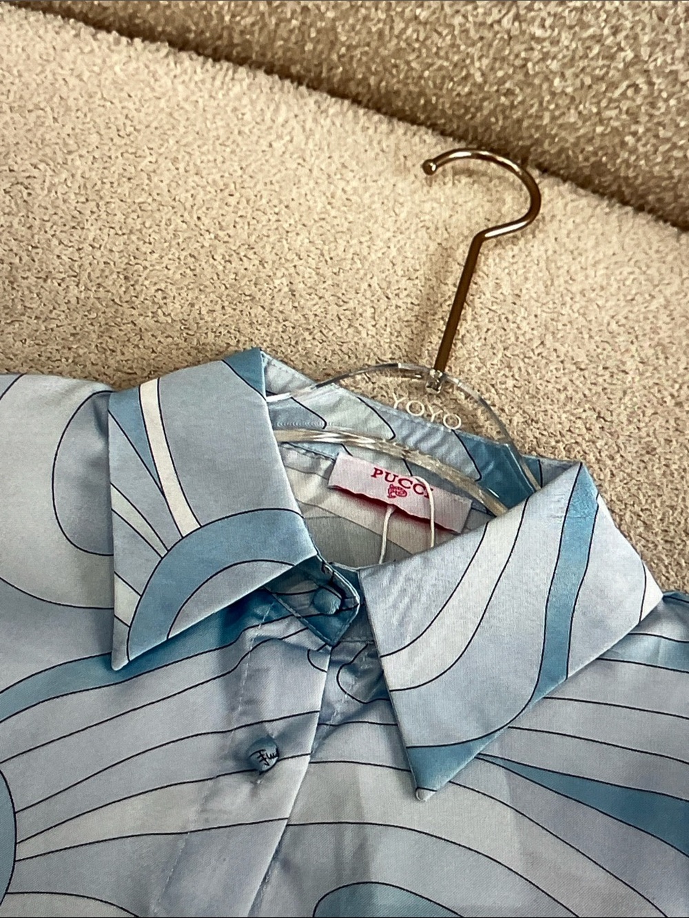 Emilio Pucci Sky Blue and White Swirl Silk Button-Up Blouse - Picture 7 of 9